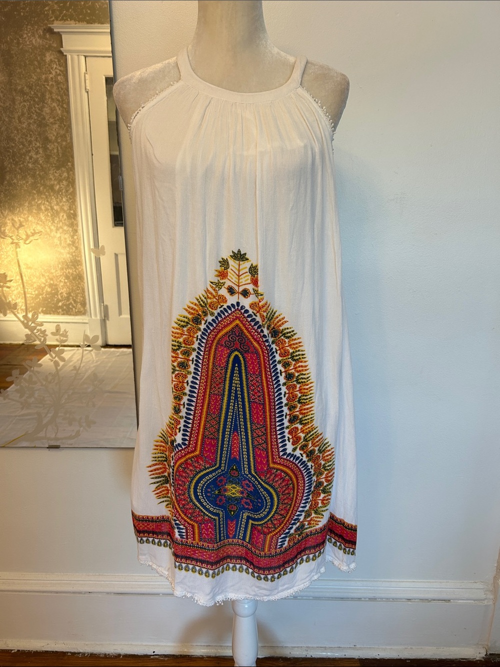 Bohemian White Halter Mini Dress with Multicolor Embroidery